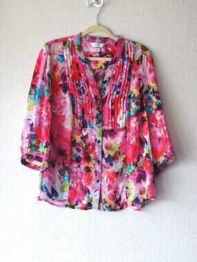 CJ Banks Bright Pink Multi Floral Pintuck Blouse